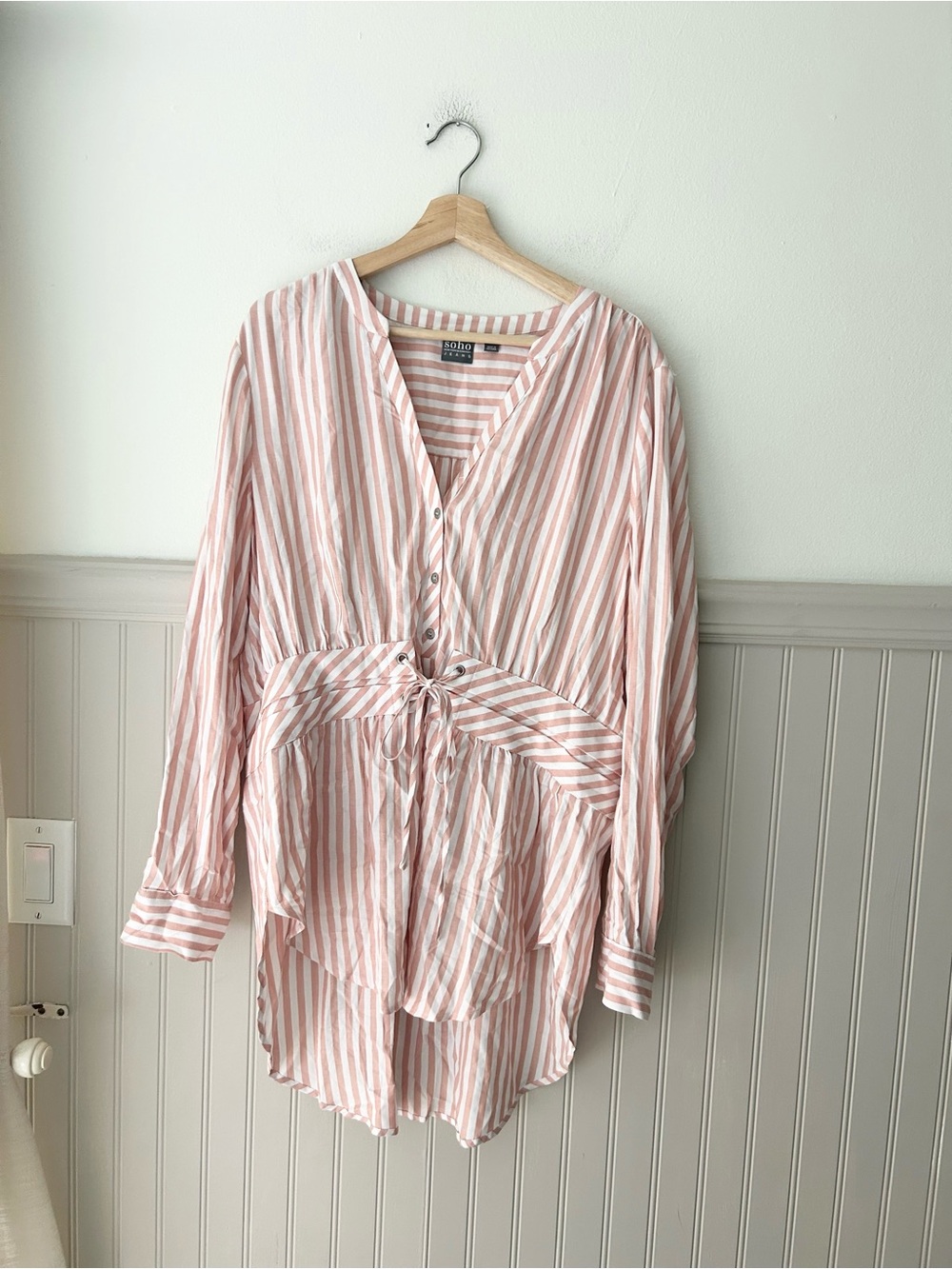 Soho Jeans Pink White Striped Corset Tunic Blouse Large Rayon